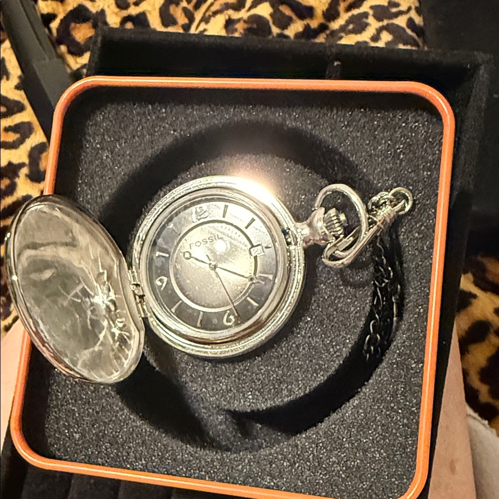 Fossil Silver Pocket Watch with Chain - Classic Women Accessories